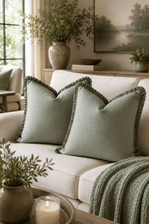 Soft sage green fringe throw pillow covers on a white sofa in a cozy farmhouse living room with a knitted throw blanket, candles, greenery, and warm neutral decor.