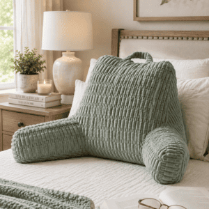 Soft sage green reading pillow with arm support on a white bed in a cozy farmhouse bedroom with warm lighting, books, candles, and neutral home decor.