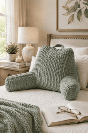 Soft sage green reading pillow with arm support on a white bed in a cozy farmhouse bedroom with warm lighting, books, candles, and neutral home decor.