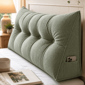 Soft sage green tufted bed rest pillow with side pocket placed on a cozy white bed in a modern farmhouse bedroom for comfortable reading and back support.