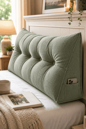 Soft sage green tufted bed rest pillow with side pocket placed on a cozy white bed in a modern farmhouse bedroom for comfortable reading and back support.