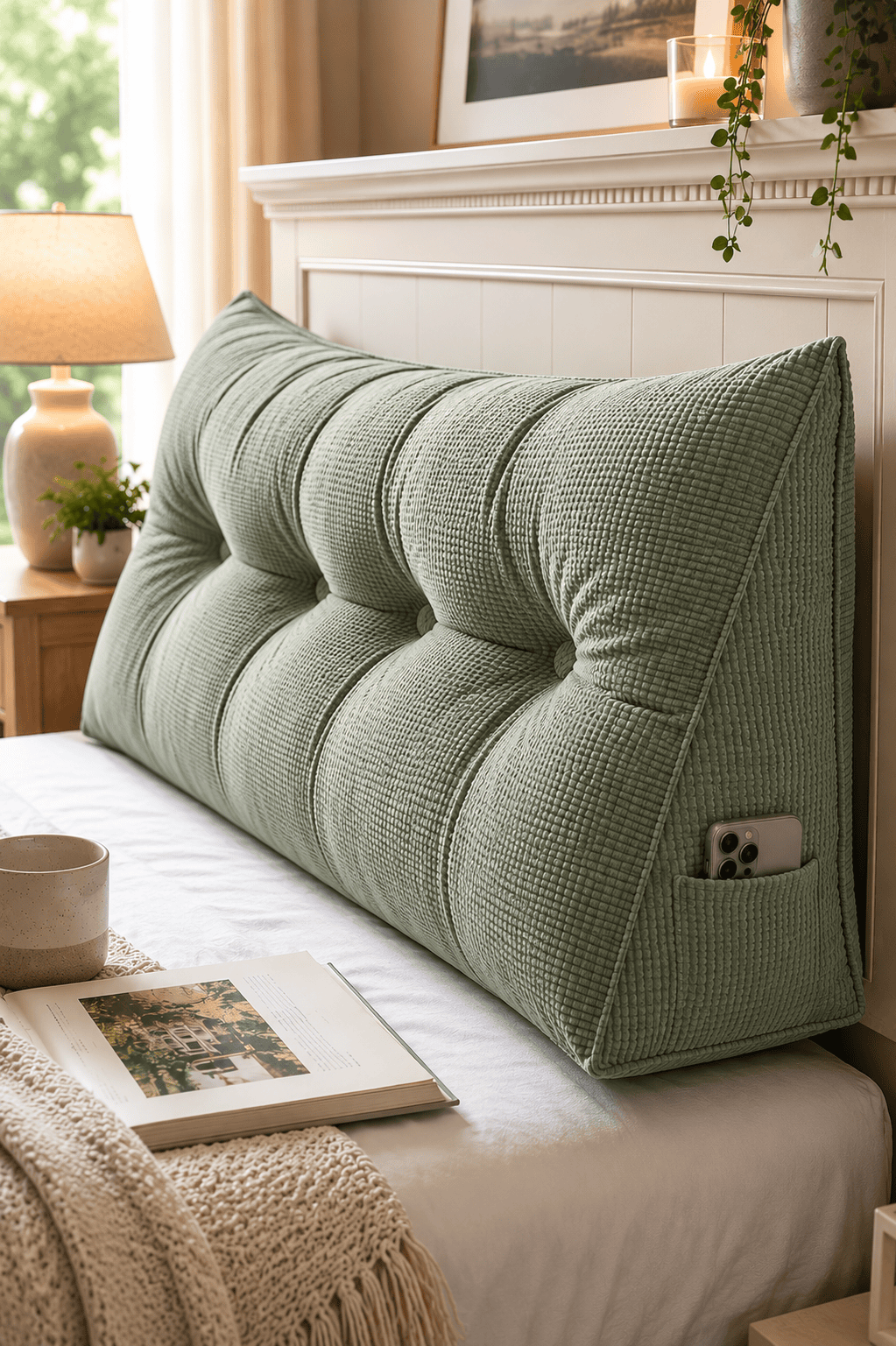 Soft sage green tufted bed rest pillow with side pocket placed on a cozy white bed in a modern farmhouse bedroom for comfortable reading and back support.