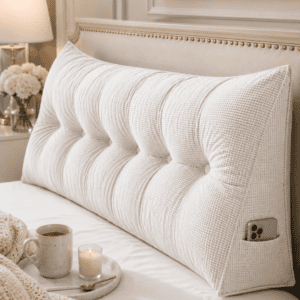 Soft ivory tufted bed rest pillow with a side storage pocket placed on a white bed in a cozy modern farmhouse bedroom for reading and relaxing.