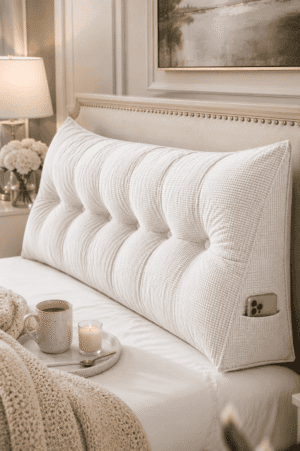Soft ivory tufted bed rest pillow with a side storage pocket placed on a white bed in a cozy modern farmhouse bedroom for reading and relaxing.