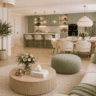 Bright open concept living room with sage green kitchen cabinets, cozy cream furniture, natural wood accents, and elegant modern decor in a warm American home.