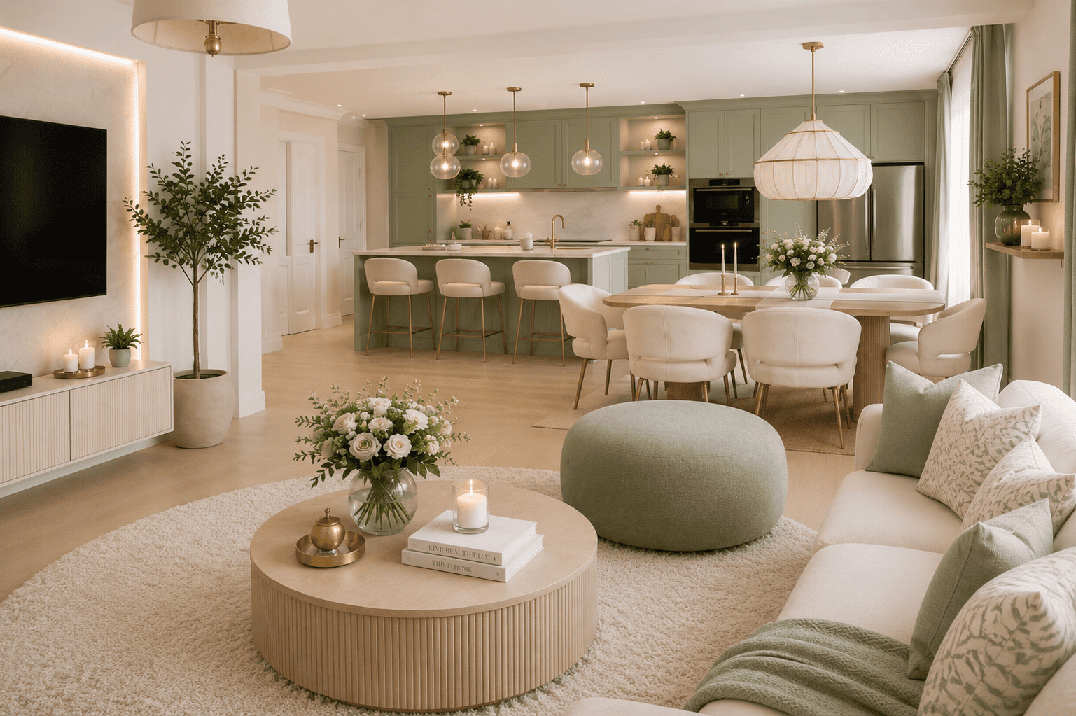 Bright open concept living room with sage green kitchen cabinets, cozy cream furniture, natural wood accents, and elegant modern decor in a warm American home.