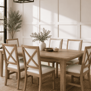 Modern farmhouse expandable wooden dining table set with six upholstered chairs styled in a bright cozy US dining room featuring neutral decor, natural wood tones, and elegant modern farmhouse interior design.