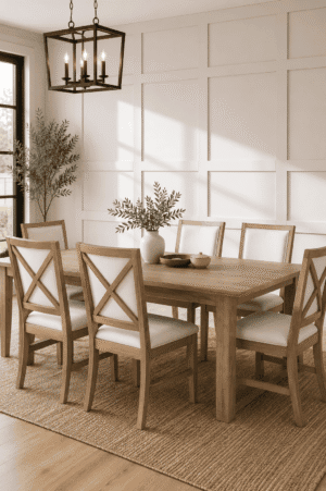 Modern farmhouse expandable wooden dining table set with six upholstered chairs styled in a bright cozy US dining room featuring neutral decor, natural wood tones, and elegant modern farmhouse interior design.