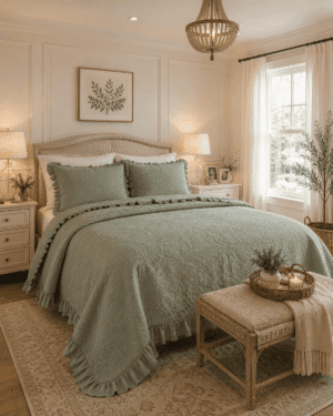 Soft sage green ruffle quilt bedding set with matching pillow shams styled in a bright modern farmhouse bedroom featuring neutral decor, woven bench, and warm natural light.