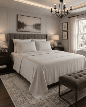 Luxury white bed sheet set with matching pillowcases styled in a modern American bedroom featuring a gray upholstered headboard, elegant lighting, and neutral décor.
