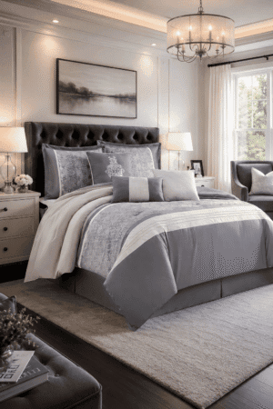 Luxury gray and white comforter set with decorative pillows styled in a modern American bedroom featuring a charcoal tufted headboard, elegant chandelier, and sophisticated neutral décor.