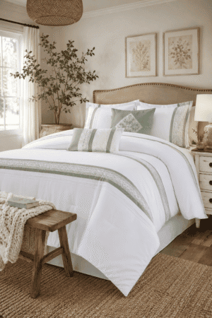 Luxury sage green and white comforter set with matching decorative pillows styled in a cozy American farmhouse bedroom featuring natural wood furniture, woven lighting, and soft neutral décor.