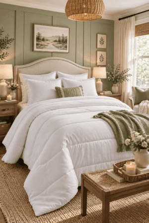 Luxury white comforter set with matching pillows styled in a cozy sage green American bedroom featuring natural wood furniture, woven lighting, and warm neutral décor.