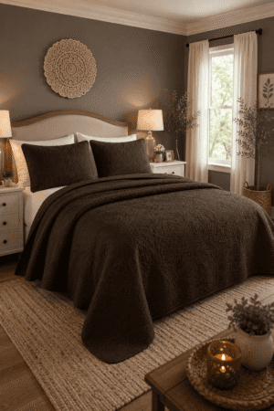 Espresso brown quilted bedspread with matching pillow shams styled in a cozy modern farmhouse bedroom featuring neutral furniture, warm lighting, and natural decor.