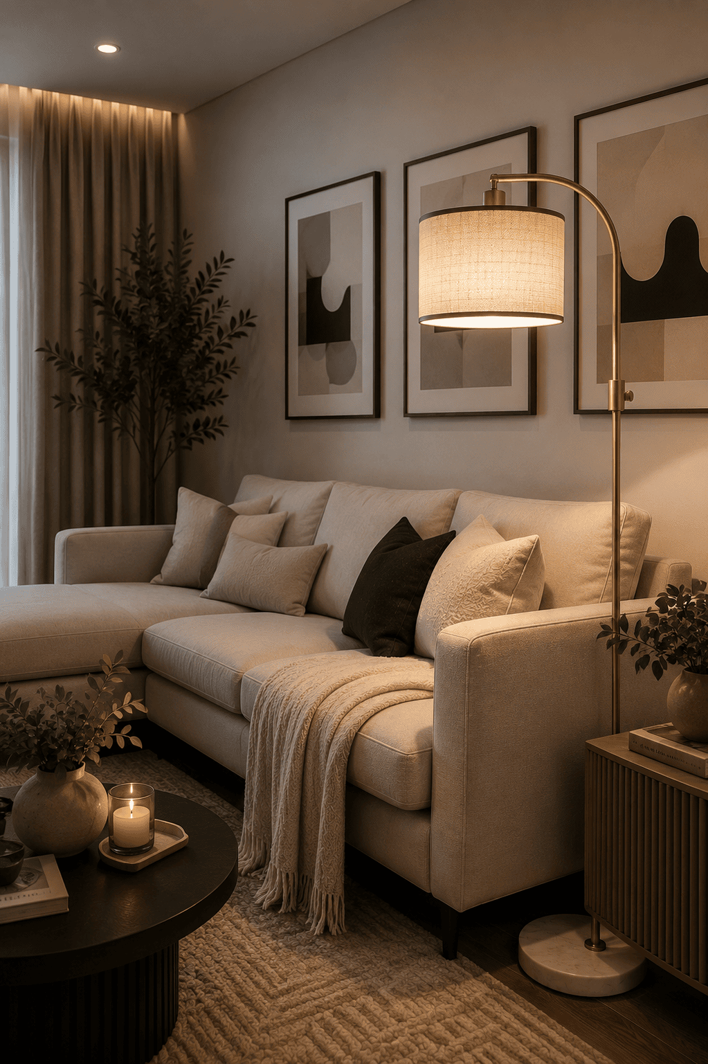 Modern brass floor lamp with a beige linen shade illuminating a cozy neutral living room with a cream sofa, soft throw blanket, candles, and contemporary decor.