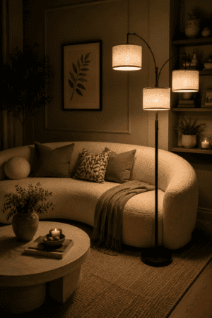 Modern 3-Light Arc Floor Lamp with Linen Shades