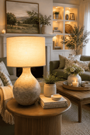 Modern ceramic table lamp with a warm linen shade styled on a wooden side table in a cozy American living room featuring soft lighting, neutral décor, and farmhouse accents.