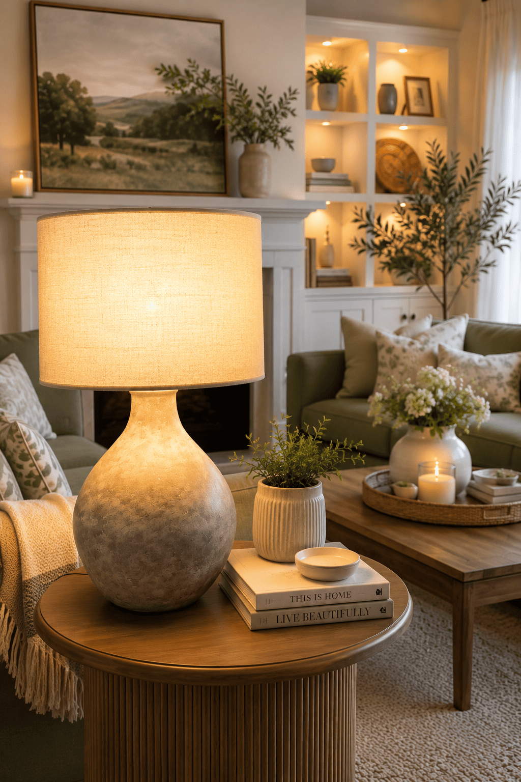 Modern ceramic table lamp with a warm linen shade styled on a wooden side table in a cozy American living room featuring soft lighting, neutral décor, and farmhouse accents.
