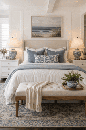 Blue and white ceramic bedside table lamps casting a warm glow in a cozy coastal-inspired American bedroom with soft neutral bedding and elegant blue accent pillows.