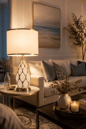 Modern gold ceramic table lamp with a soft linen shade styled in a cozy American living room featuring neutral décor, warm ambient lighting, and elegant furniture.
