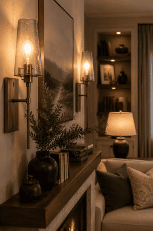 Modern bronze wall sconce with a clear glass shade casting warm ambient light in a cozy American living room featuring a fireplace, neutral décor, and elegant styling.