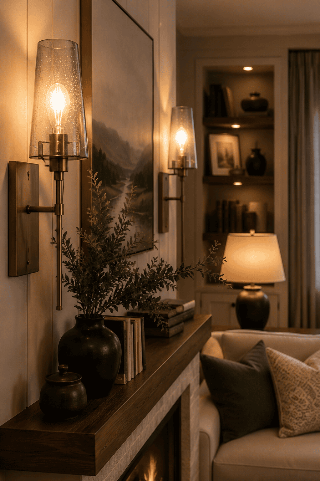 Modern bronze wall sconce with a clear glass shade casting warm ambient light in a cozy American living room featuring a fireplace, neutral décor, and elegant styling.