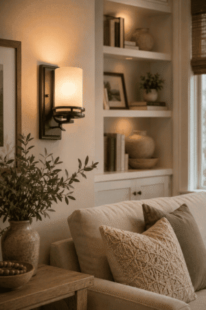 Modern matte black wall sconce with a frosted glass shade providing warm ambient lighting in a cozy farmhouse-inspired American living room with neutral decor.