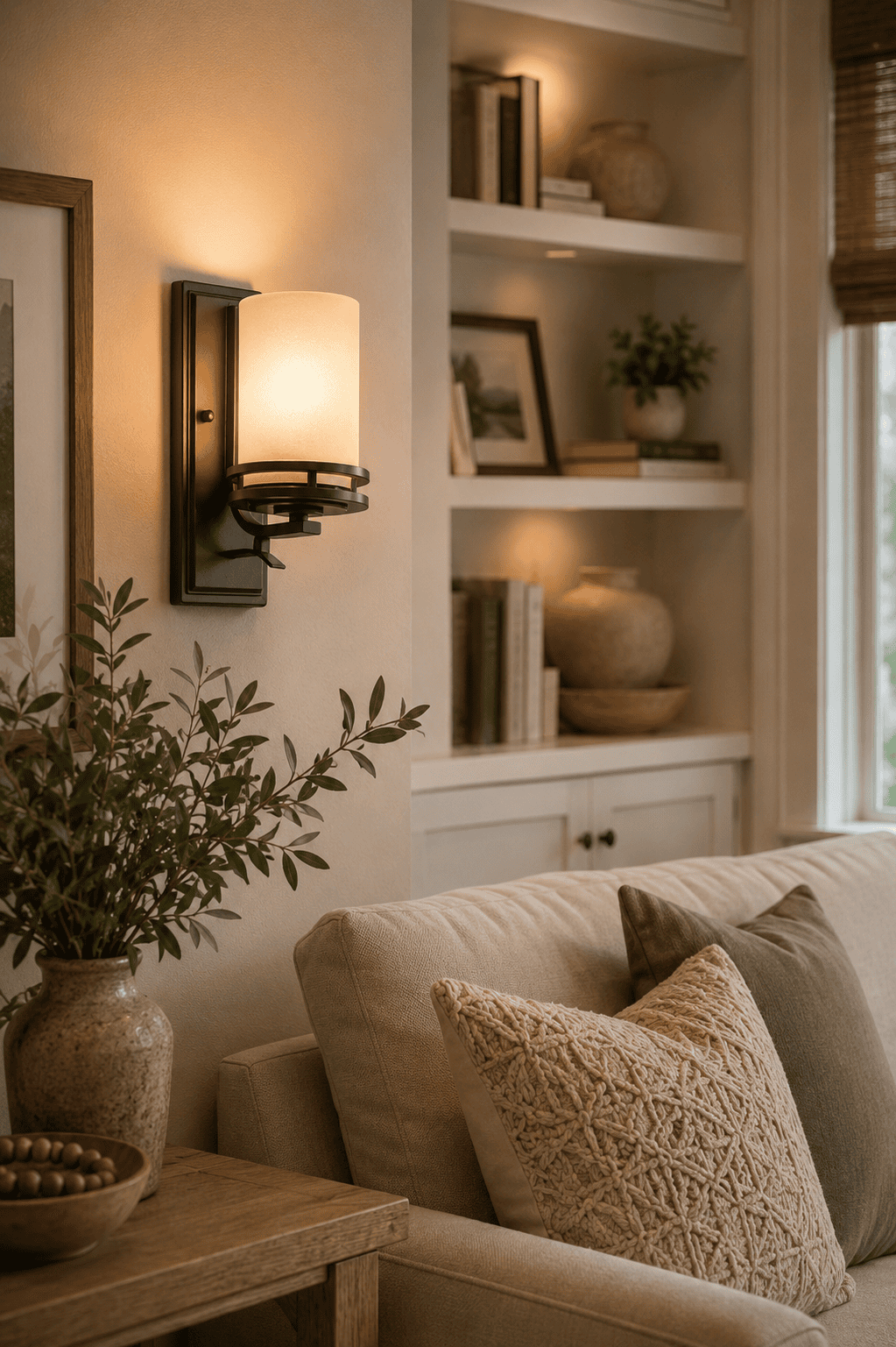Modern matte black wall sconce with a frosted glass shade providing warm ambient lighting in a cozy farmhouse-inspired American living room with neutral decor.
