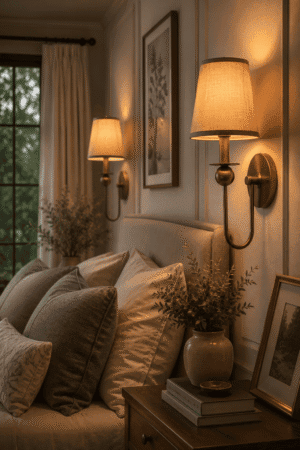 Modern brass wall sconce with a linen fabric shade casting warm ambient light beside a cozy neutral bedroom in elegant American farmhouse style.