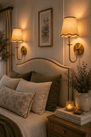 Pair of vintage brass bedroom wall sconces with scalloped linen shades casting warm ambient light in a cozy neutral farmhouse bedroom.