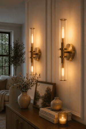 Luxury brass glass wall sconce with a warm Edison bulb illuminating a modern farmhouse hallway and living room in cozy neutral decor.