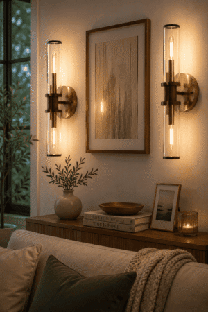 Modern brass and wood wall sconces with clear glass shades and Edison bulbs illuminating a cozy contemporary American living room with warm ambient lighting.