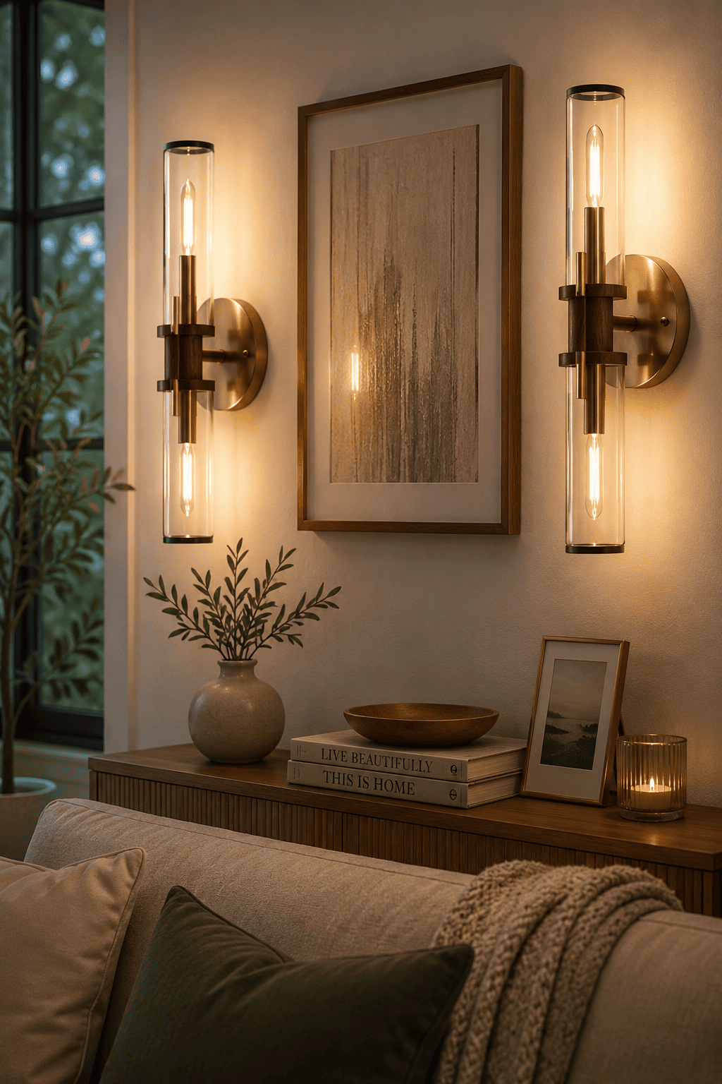 Modern brass and wood wall sconces with clear glass shades and Edison bulbs illuminating a cozy contemporary American living room with warm ambient lighting.