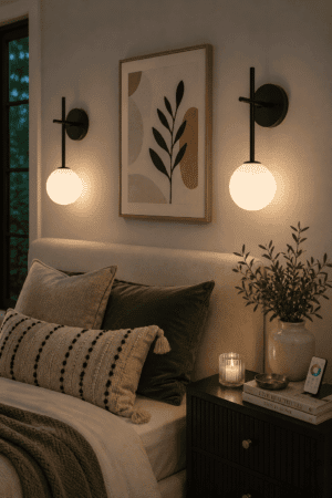 Modern black wall sconces with frosted globe shades illuminating a cozy neutral bedroom with olive green accent pillows and minimalist wall art.