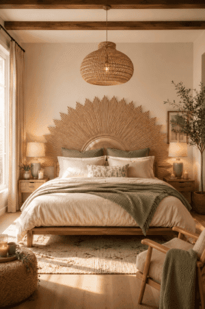 Large boho sunburst wood headboard in a cozy organic modern bedroom with sage green bedding, woven pendant light, warm table lamps, and natural wood furniture.