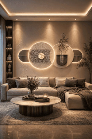 Modern LED wall decor with warm ambient backlighting above a neutral sectional sofa, marble coffee table, and contemporary living room in luxury American home style.