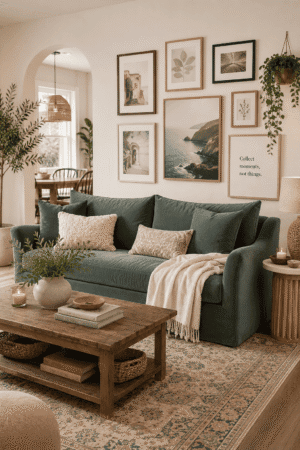Modern sage green sofa in a cozy organic living room featuring a rustic wood coffee table, gallery wall, soft neutral throw blanket, and warm ambient lighting.