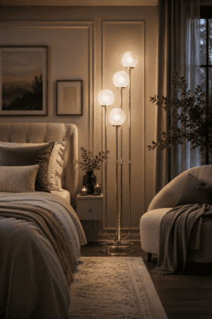Modern gold globe floor lamp with four frosted glass shades illuminating a cozy neutral bedroom with upholstered bed, accent chair, and warm ambient lighting in an elegant American home.