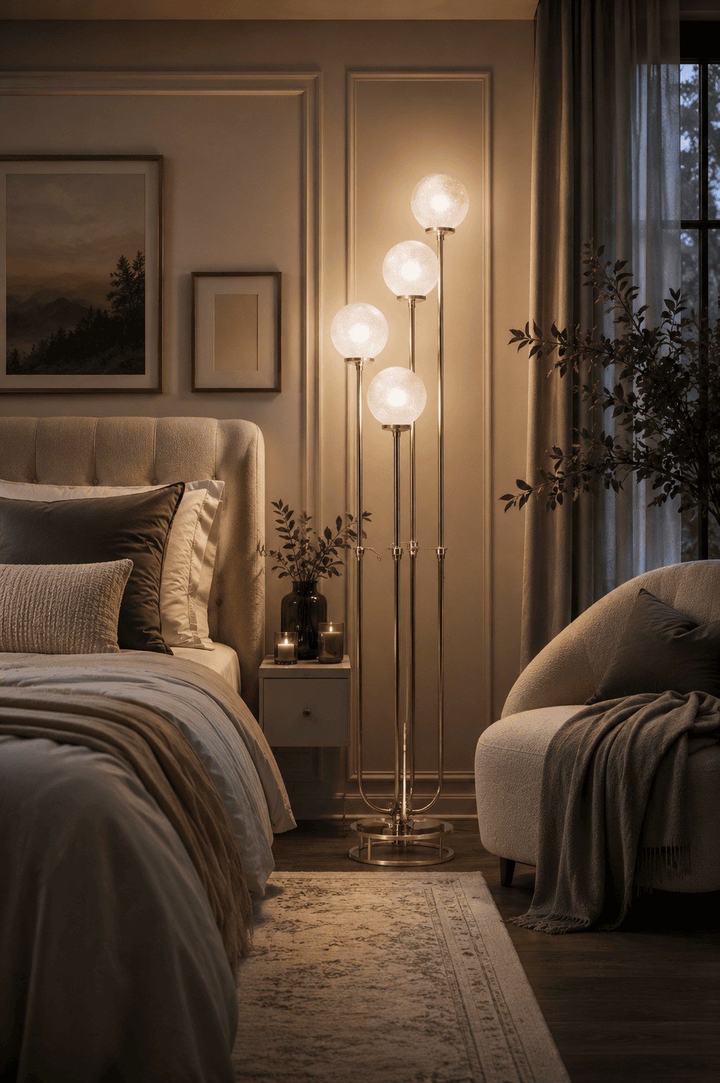 Modern gold globe floor lamp with four frosted glass shades illuminating a cozy neutral bedroom with upholstered bed, accent chair, and warm ambient lighting in an elegant American home.