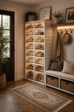 Stackable clear shoe storage boxes neatly organizing sneakers and boots in a modern American entryway with built-in bench, woven baskets, and warm LED lighting.