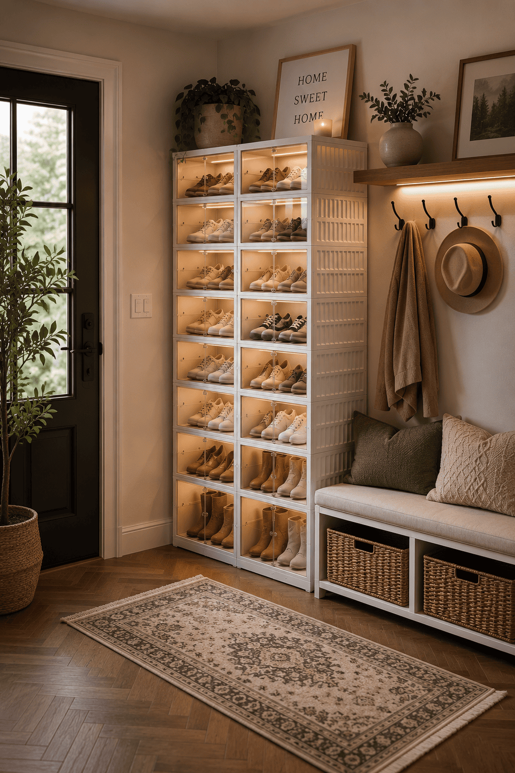 Stackable clear shoe storage boxes neatly organizing sneakers and boots in a modern American entryway with built-in bench, woven baskets, and warm LED lighting.
