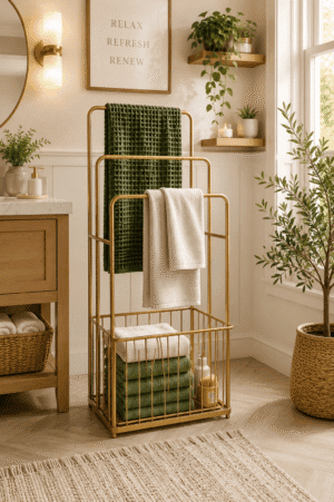 Gold freestanding towel rack with storage basket holding neatly folded towels in a modern spa-inspired bathroom with natural wood vanity, floating shelves, greenery, and warm ambient lighting.