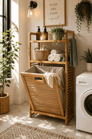 Bamboo laundry hamper with removable fabric laundry basket and open storage shelves in a bright modern laundry room featuring rolled towels, woven baskets, greenery, and warm farmhouse decor.