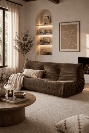 Modern brown corduroy floor sofa in a cozy organic living room with warm neutral decor, wooden coffee table, soft throw blanket, and ambient shelf lighting.
