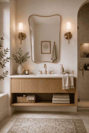 Asymmetrical gold bathroom mirror above a modern wood vanity with brass fixtures, wall sconces, marble countertop, and warm spa-inspired bathroom decor.