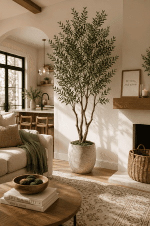 Realistic artificial olive tree in a decorative stone planter styled in a cozy modern living room with neutral furniture, fireplace, wood accents, and warm natural lighting.