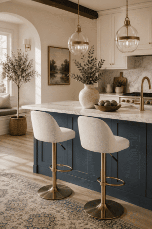 Modern white bouclé adjustable swivel bar stools with brushed gold pedestal bases at a navy blue kitchen island in a cozy American kitchen featuring marble countertops and glass pendant lights.