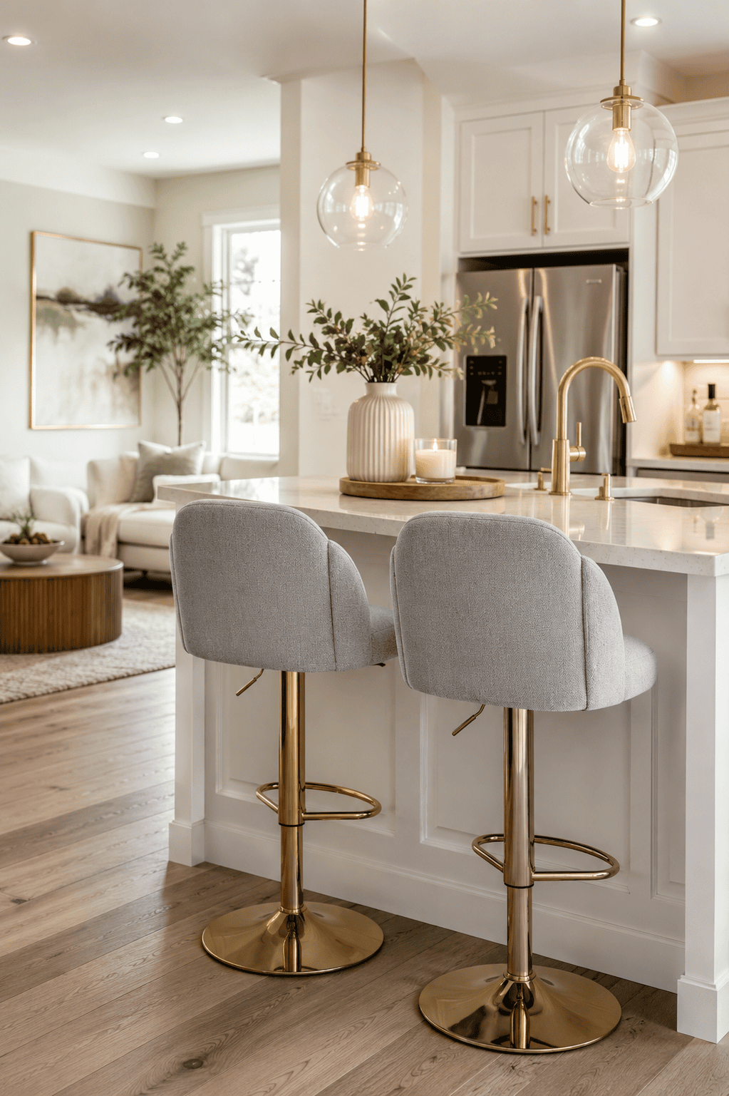 Modern light gray upholstered adjustable swivel bar stools with brushed gold pedestal bases at a white kitchen island featuring glass pendant lights, brass faucet, and cozy American home decor.