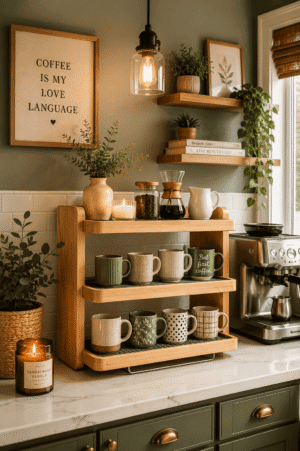 Three-tier bamboo coffee mug organizer displaying ceramic coffee mugs on a cozy kitchen coffee bar with espresso machine, floating shelves, candles, and warm farmhouse decor.