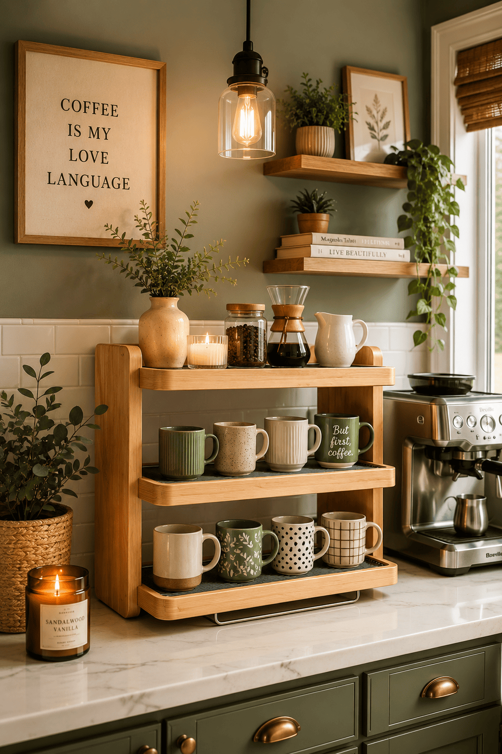 Three-tier bamboo coffee mug organizer displaying ceramic coffee mugs on a cozy kitchen coffee bar with espresso machine, floating shelves, candles, and warm farmhouse decor.
